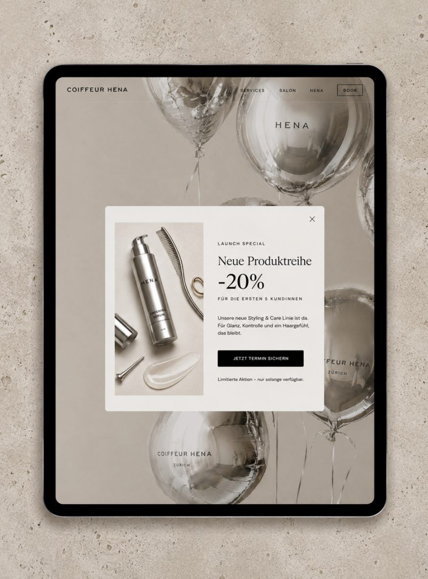Hena Launch-Pop-up auf Tablet