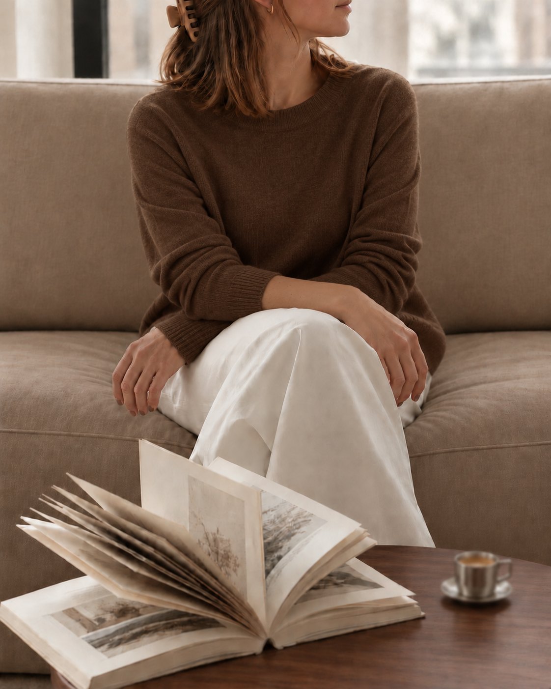 Sarah on the sofa in the studio