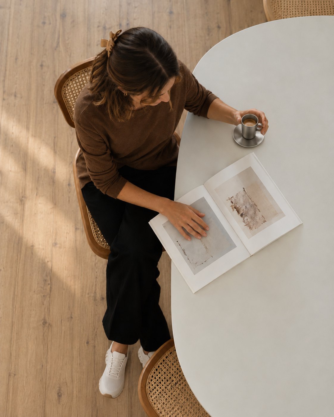 Reading hour with white sneakers and espresso